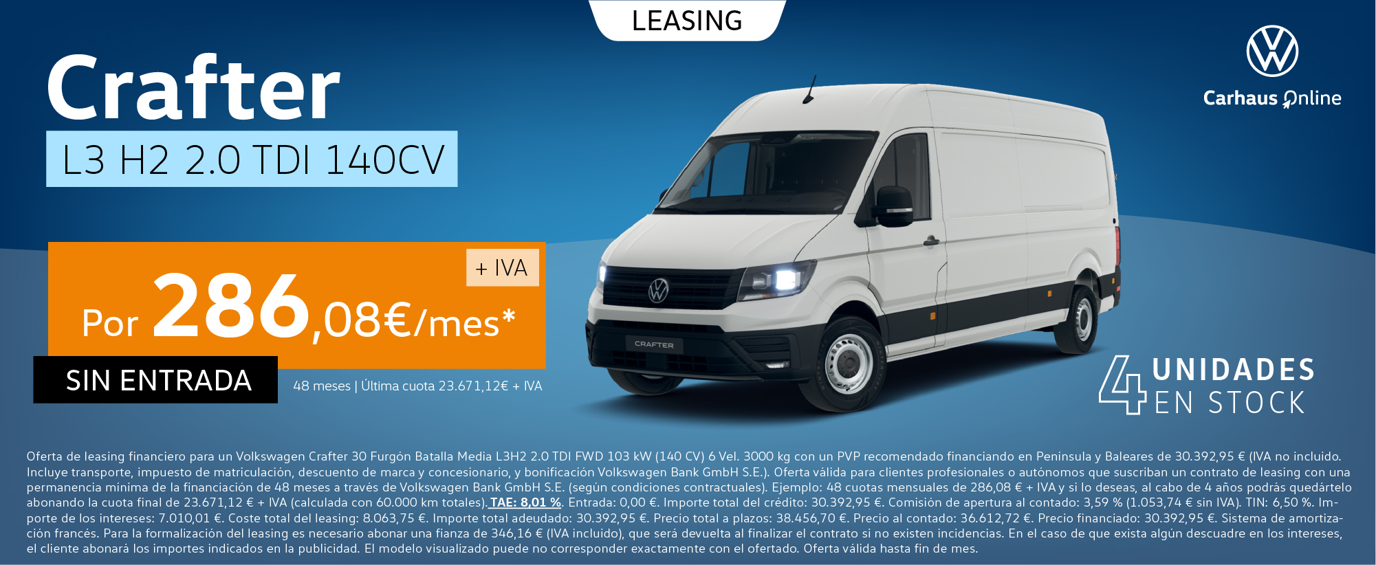 ¡OFERTA! Volkswagen Crafter L3H2 por sólo 286€/mes*